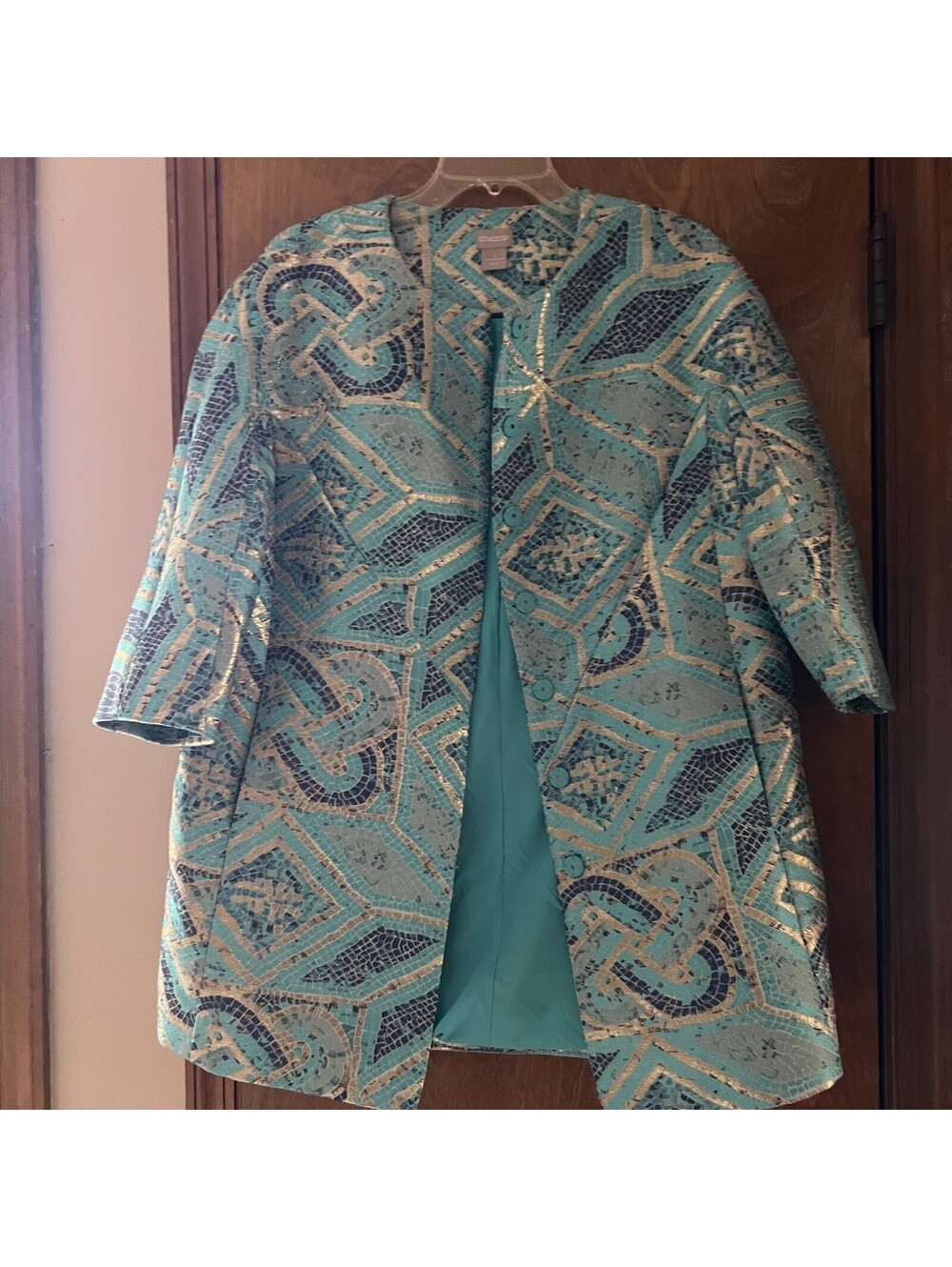 Chico's Jacket Size 1 Turquoise Gold Metallic Mosaic Jacquard Topper Lined 8/10